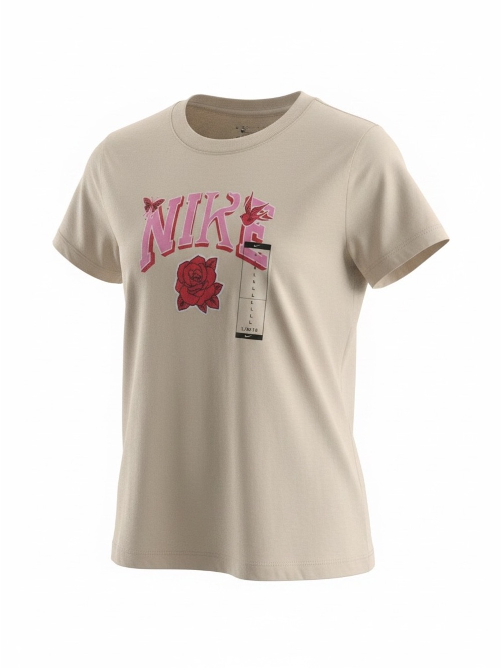 Nike Beige Short-Sleeve Tee with Pink Logo & Rose Graphic